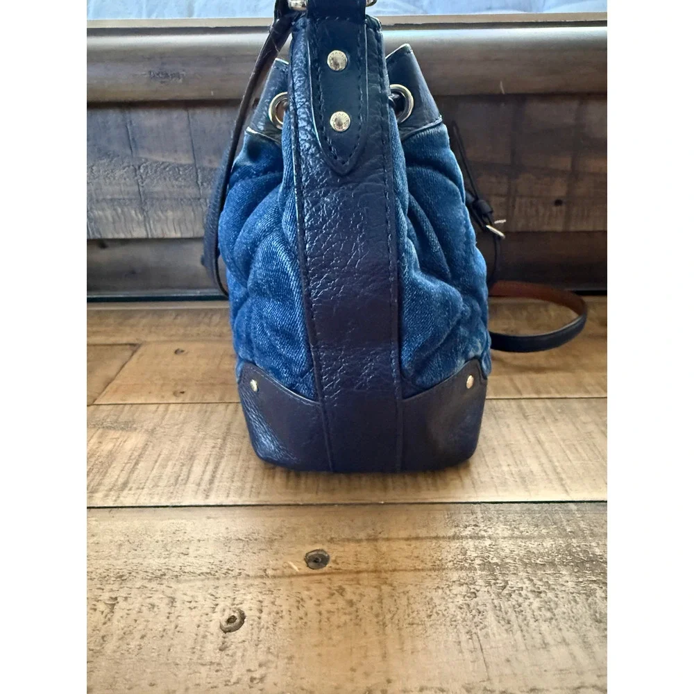 Coach Bucket Bag Womens Small Blue Quilted Denim Leather Drawstring Crossbody